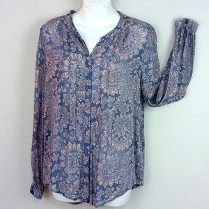 Lucky Brand Women Blue Paisly Print Long Sleeve Button Down Shirt Sz S